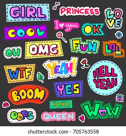 Set of colorful cartoon badges. Known abbreviations and popular words .Vector illustration use as patch, sticker, pin