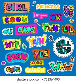 Set of colorful cartoon badges. Known abbreviations and popular words .Vector illustration use as patch, sticker, pin