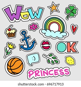 Set of colorful cartoon badges. Vector illustration use as patch, sticker, pin. 