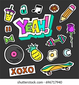 Set of colorful cartoon badges. Vector illustration use as patch, sticker, pin. 