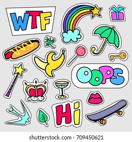 Set of colorful cartoon badges. Vector illustration use as patch, sticker, pin. 