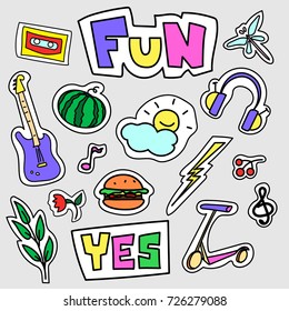Set of colorful cartoon badges. Vector illustration use as patch, sticker, pin. 