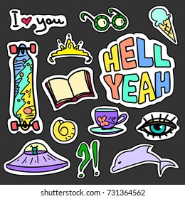 Set of colorful cartoon badges. Vector illustration use as patch, sticker, pin. 