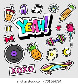 Set of colorful cartoon badges. Vector illustration use as patch, sticker, pin. 
