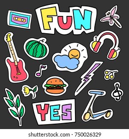 Set of colorful cartoon badges. Vector illustration use as patch, sticker, pin. 