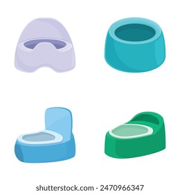 Set of colorful cartoon bathroom fixture icons including a sink, toilet, and bathtub