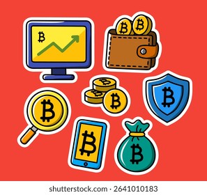 Set of Colorful Cartoon Bitcoin and Cryptocurrency Icons – Digital Wallet, Mobile Payment, Blockchain Security, and Crypto Investment Graphics