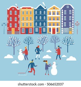 Set of colorful cartoon buildings, trees and playing children. Isolated editable objects. Winter city illustration set for your design.