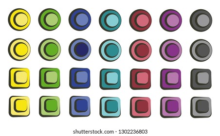 Set of colorful cartoon buttons in vector. There are circles and squares.