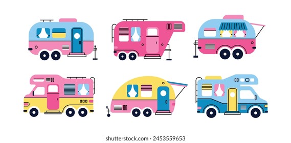 Set of colorful cartoon campers RV. Road home Trailers. Camping caravan cars. Mobile home for country and nature vacation. Set of four Hand drawn Vector illustrations