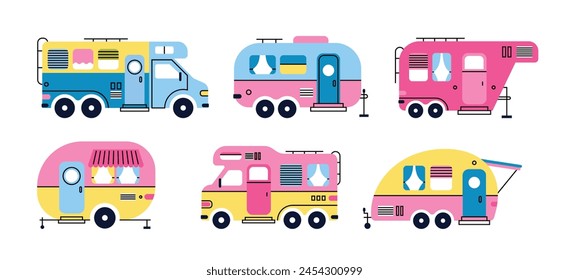 Set of colorful cartoon campers RV. Road home Trailers. Camping caravan cars. Mobile home for country and nature vacation. Set of four Hand drawn Vector illustrations