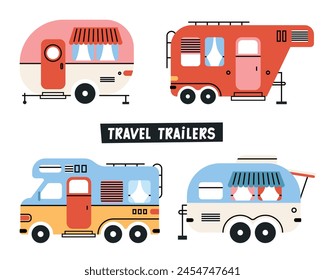 Set of colorful cartoon campers RV. Road home Trailers. Camping caravan cars. Mobile home for country and nature vacation. Set of four Hand drawn Vector illustrations