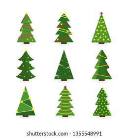 Set of colorful cartoon Christmas tree. Modern different flat design. Vector illustration.