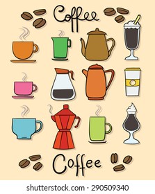 Set of colorful cartoon coffee elements