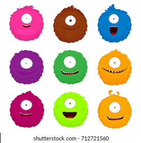 Set of colorful cartoon comic round fluffy cute monsters. Vector illustration, isolated icons on white background.