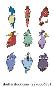 Set of colorful cartoon cute vector birds