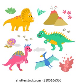 Conjunto de coloridos dinosaurios de dibujos animados. Ilustración vectorial.