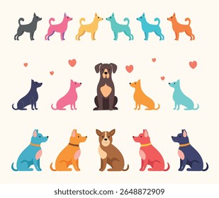Set of colorful cartoon dogs in different breeds, poses, and emotions. Includes sitting and standing dogs in bright shades such as pink, blue, orange, and brown. Flat vector style with playful hearts 
