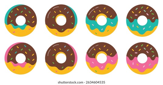 Set of colorful cartoon donut vector icon set isolated on white background. Collection of cute doughnuts in different style. Sweet donuts in flat design. Isolated vector illustration.