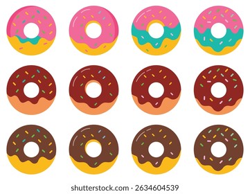 Set of colorful cartoon donut vector icon set isolated on white background. Collection of cute doughnuts in different style. Sweet donuts in flat design. Vector illustration.