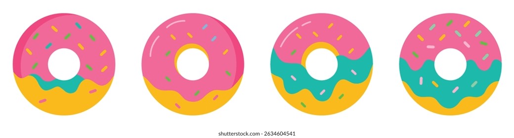 Set of colorful cartoon donut vector icon set isolated on white background. Collection of cute doughnuts in different style. Sweet donuts flat design. Vector illustration.