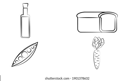 Set of colorful cartoon eating icon:Seeds, cake, eggs, peas, broccoli, pasta, yogurt, cheese, bread, coffee, fish, butter, cereal, chocolate, juice, carrots, Tomato, shrimp, chips, chocolate, juice