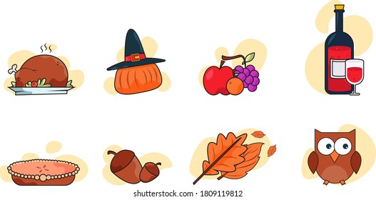 Set of colorful cartoon elements for thanksgiving day.