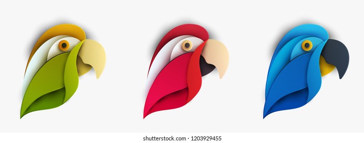 Set of colorful cartoon exotic parrot bird in trendy paper cut craft graphic style. Modern design for advertising, branding greeting card, cover, poster, banner. Vector illustration.