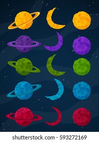 Set of colorful cartoon fantasy planets on space background. Vector illustration