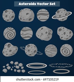 Set of colorful cartoon fantasy planets and asteroids on space background. Vector illustration