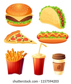 Set of colorful cartoon fast food icons. Isolated vector.