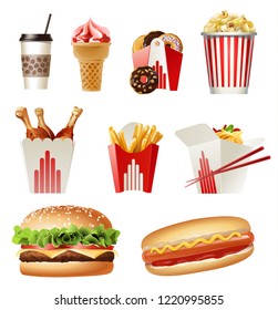 Set of colorful cartoon fast food icons. Isolated vector.