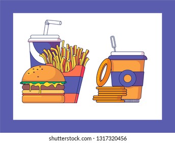Set of colorful cartoon fast food icons. Isolated vector illustration.Hamburger, coffee.