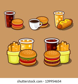 Set of colorful cartoon fast food icons.