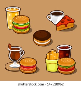 Set of colorful cartoon fast food and cake.