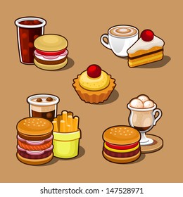 Set of colorful cartoon fast food.