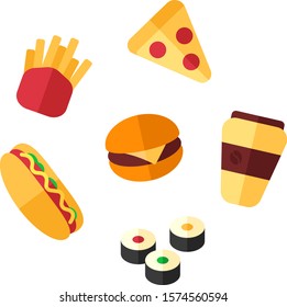 Set of colorful cartoon fast food icons. Isolated vector.