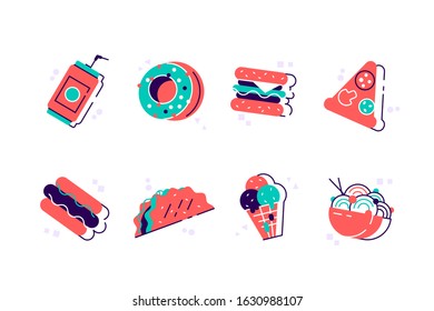 Set of colorful cartoon fast food icons. Fast food hamburger dinner and restaurant, tasty set fast food many meal and unhealthy fast food classic nutrition. Vector isolated on white background in flat