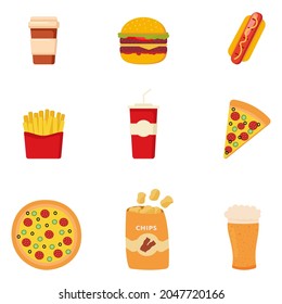 Set of colorful cartoon fast food. Hamburger, burger, fries, pizza, coffee, beer