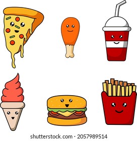  Set of colorful cartoon fast food icons