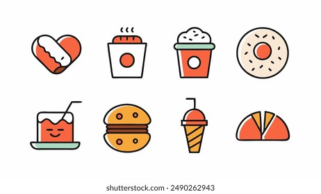 Set of colorful cartoon fast food icons. Isolated vector.