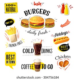 Set of colorful cartoon fast food labels, isolated on white. Vector illustration, eps10.