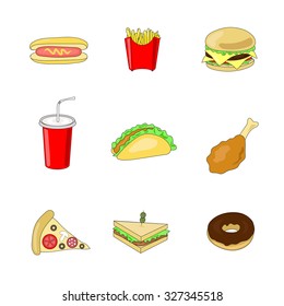 Set of colorful cartoon fast food icons. Hot Dog, french fries, hamburger, drink, chicken leg, pizza, sandwich, donut. Isolated vector.