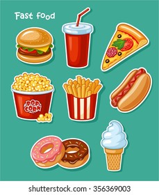 Set of colorful cartoon fast food icons. Isolated vector.