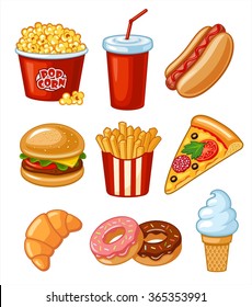 Set of colorful cartoon fast food icons. Isolated vector.