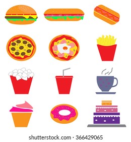 Set of colorful cartoon fast food icons