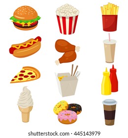 Set of colorful cartoon fast food icons isolated on white. Vector illustration