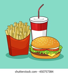 Set of colorful cartoon fast food icons.French fries. potato, 
burger,soda takeaway 
