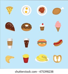 Set of colorful cartoon fast food icons.