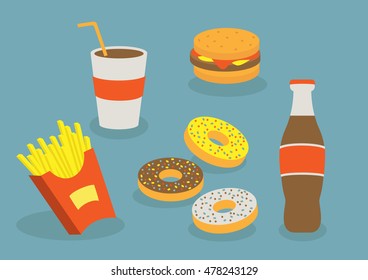 Set of colorful cartoon fast food icons (potato, burger, donuts, soda takeaway). Fast food menu. Vector illustration. Eps10